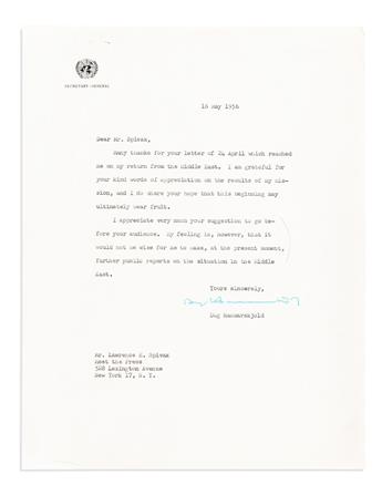 HAMMARSKJOLD, DAG. Two Typed Letters Signed, as United Nations Secretary General, to opera singer Bidu Sayão or Meet the Press program